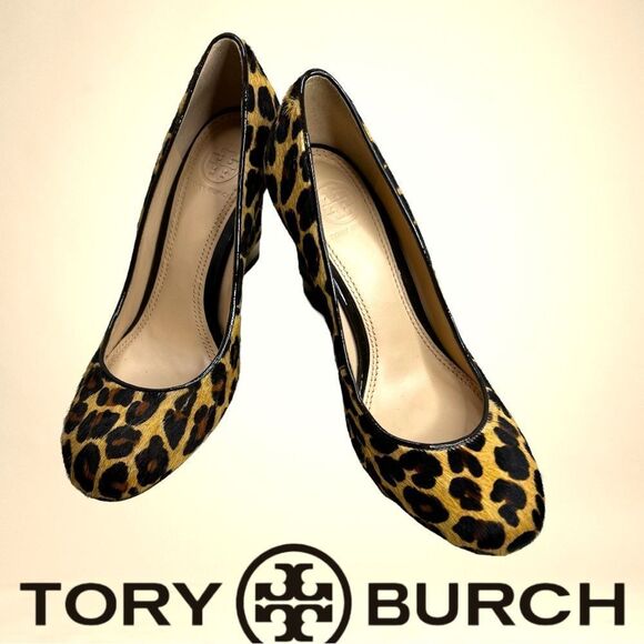 Tory Burch Astoria leopard Print Calf Hair Wedge Heels - Picture 1 of 16